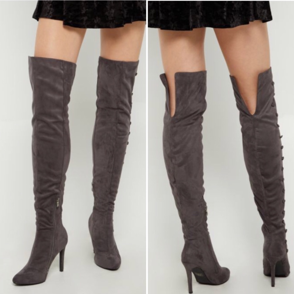 Grey faux suede stiletto over the knee boots